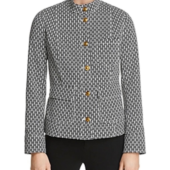 Tory Burch Cameron Crosshatch-print Jacket IvoryNavy with a Mandarin Collar SZ 2 - Picture 15 of 15